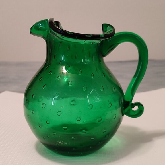 MCM Hand Blown Emerald Glass Art Pitcher Ice Blocker Vintage Green Handle - Picture 1 of 11